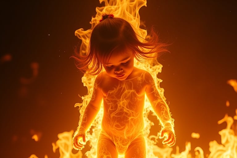 A fiery inferno engulfs the frame as a mesmerizing little girl's body is sculpted from blazing flames. Her porcelain-like skin glows with an ethereal warmth, as if kissed by the divine. Golden hues dance across her features, casting a radiant glow on the darkened surroundings. Full-body shot captures the fluid, fiery form, with tendrils of flame curling around her tiny hands and toes.