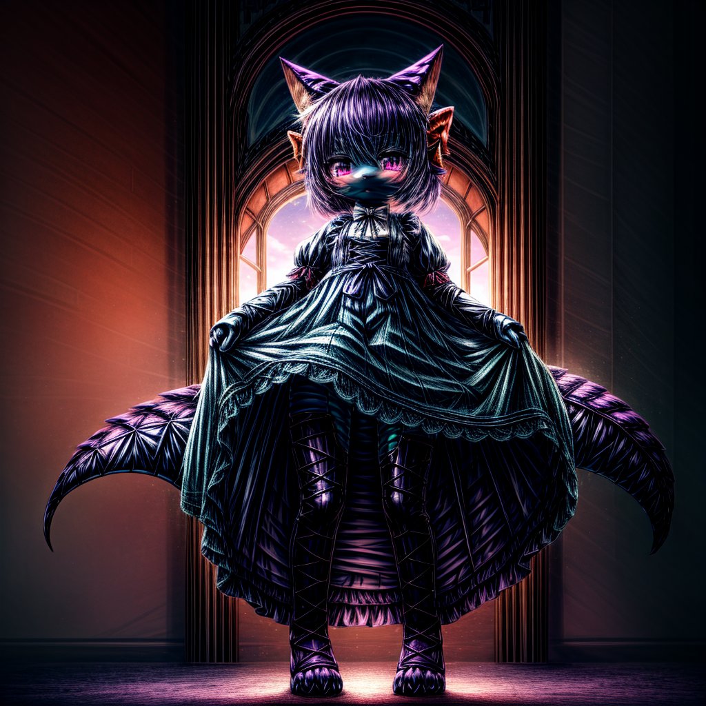 ((((full body)))), A majestic loli dragon neko stands before us. Her dark-scaled skin glistens in the soft, warm light, as if infused with an inner glow. Feline features are prominent - cat ears perked up and a long, fluffy tail extending from her posterior. A Lolita dress of mixed red, pink, and black patterns wraps around her slender form, creating a striking contrast against her dark scales. The overall composition is framed by a subtle gradient of blues and purples in the background, subtly evoking a sense of mystique and wonder.,green reptile hands,Monster girl,Dragon girl