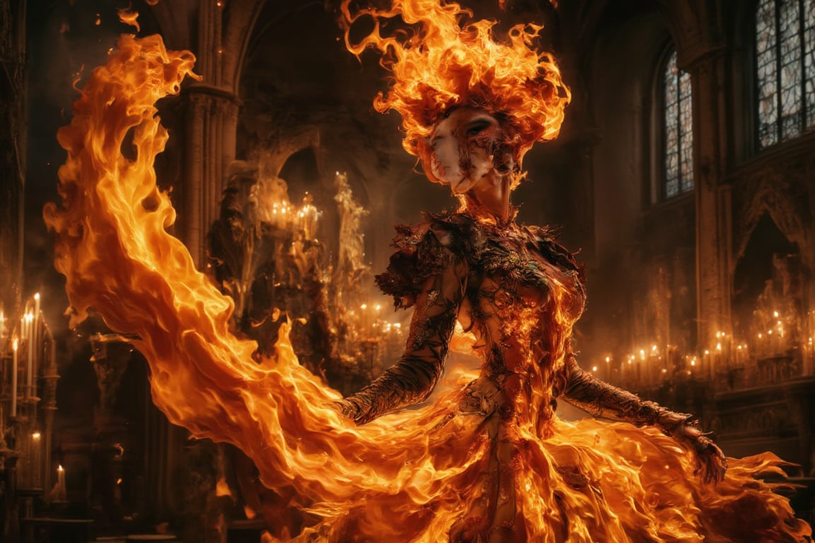 **The Flame's Embrace:** Imagine a gothic-inspired ritual where a girl composed of flames performs a dance in an old, gothic chapel. Her fiery dress and intricate, dark patterns create an enchanting contrast against the dim, candlelit surroundings.,Details,Skin texture,Details,Skin texture,Details,Skin texture,Details,Skin texture,Details,Skin texture 