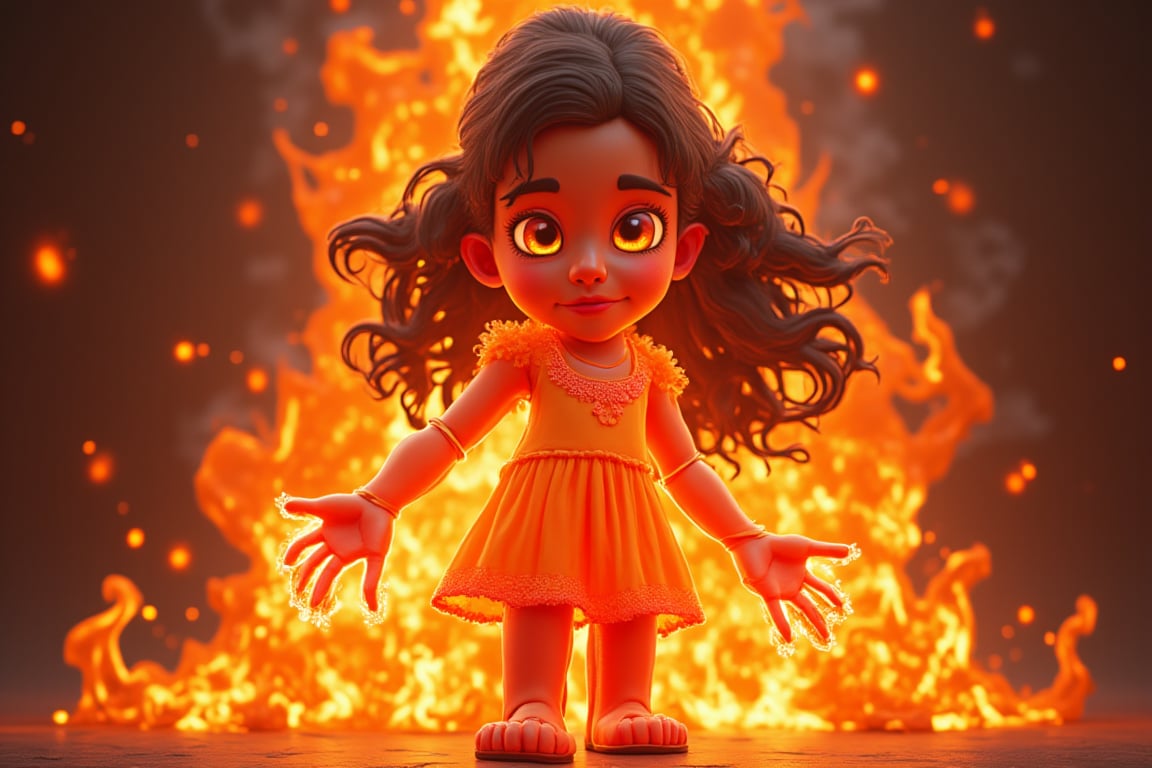 A fiery inferno engulfs the frame as a mesmerizing little girl's body is sculpted from blazing flames. Her porcelain-like skin glows with an ethereal warmth, as if kissed by the divine. Golden hues dance across her features, casting a radiant glow on the darkened surroundings. Full-body shot captures the fluid, fiery form, with tendrils of flame curling around her tiny hands and toes.,cartoon art