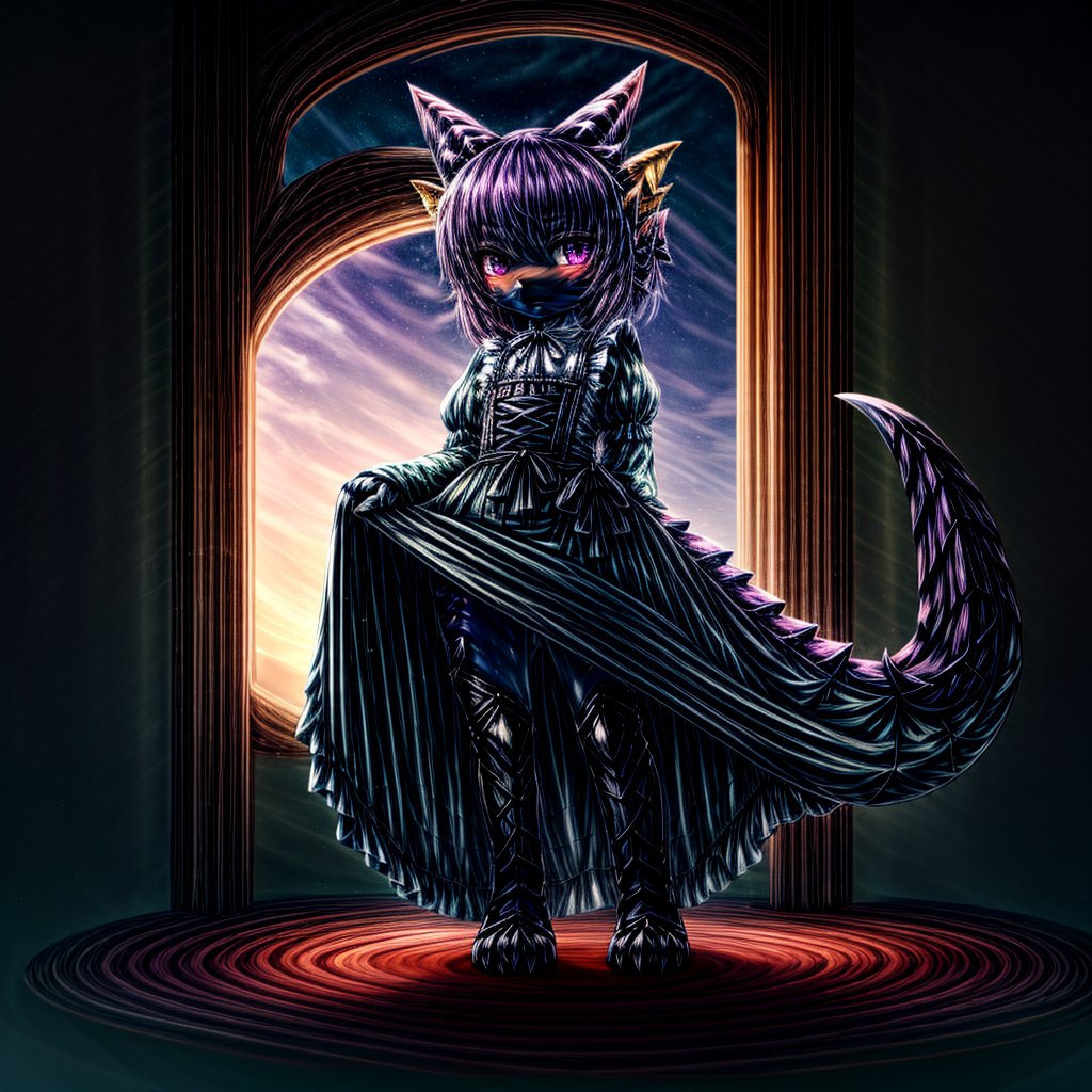 ((((full body)))), A majestic loli dragon neko stands before us. Her dark-scaled skin glistens in the soft, warm light, as if infused with an inner glow. Feline features are prominent - cat ears perked up and a long, fluffy tail extending from her posterior. A Lolita dress of mixed red, pink, and black patterns wraps around her slender form, creating a striking contrast against her dark scales. The overall composition is framed by a subtle gradient of blues and purples in the background, subtly evoking a sense of mystique and wonder.,green reptile hands,Monster girl,Dragon girl