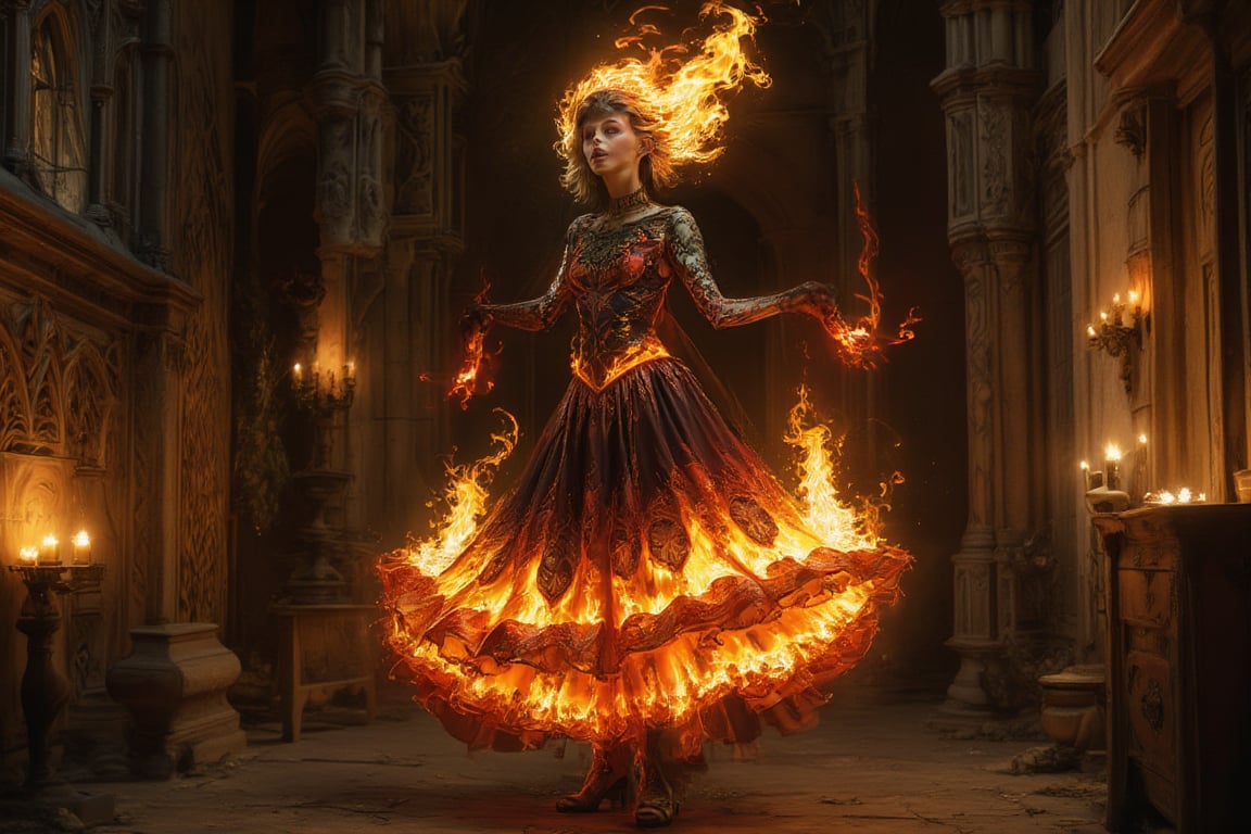 **The Flame's Embrace:** Imagine a gothic-inspired ritual where a girl composed of flames performs a dance in an old, gothic chapel. Her fiery dress and intricate, dark patterns create an enchanting contrast against the dim, candlelit surroundings.,Details,Skin texture,Details,Skin texture,Details,Skin texture,Details,Skin texture,Details,Skin texture,Details,Skin texture 