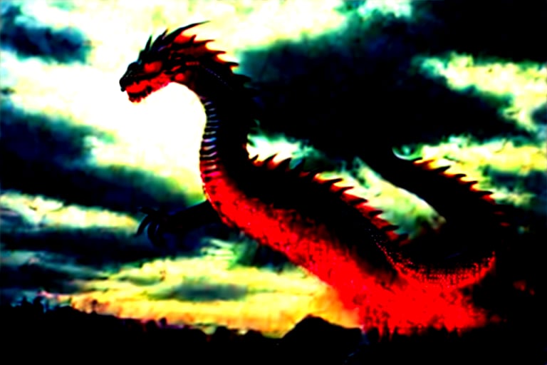 A majestic snake-like dragon with sharp claws soars through a turbulent sky, her metallic red and black scales shimmering as she weaves between the clouds. The camera zooms in on her scales as she banks to the left, revealing the textured patterns of her body. Clouds swirl around her like wisps of smoke, illuminated by warm sunlight casting long shadows across her form.