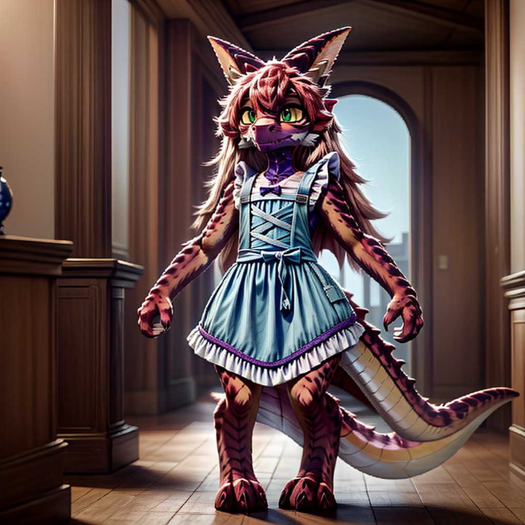 ((((full body)))), A majestic loli dragon neko stands before us. Her dark-scaled skin glistens in the soft, warm light, as if infused with an inner glow. Feline features are prominent - cat ears perked up and a long, fluffy tail extending from her posterior. A Lolita dress of mixed red, pink, and black patterns wraps around her slender form, creating a striking contrast against her dark scales. The overall composition is framed by a subtle gradient of blues and purples in the background, subtly evoking a sense of mystique and wonder.,green reptile hands,Monster girl,Dragon girl,furry,furry female,body fur,animal ear fluff,animal ears,fang