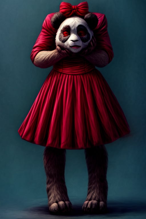 ((Full body)), panda girl, lolita fashion,DisembodiedHead,holding head,headless,paws,red eyes 