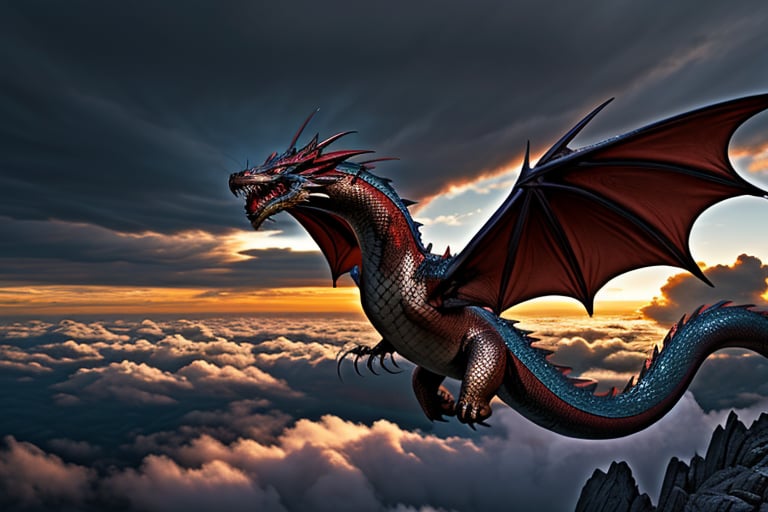 A majestic snake-like dragon with sharp claws soars through a turbulent sky, her metallic red and black scales shimmering as she weaves between the clouds.