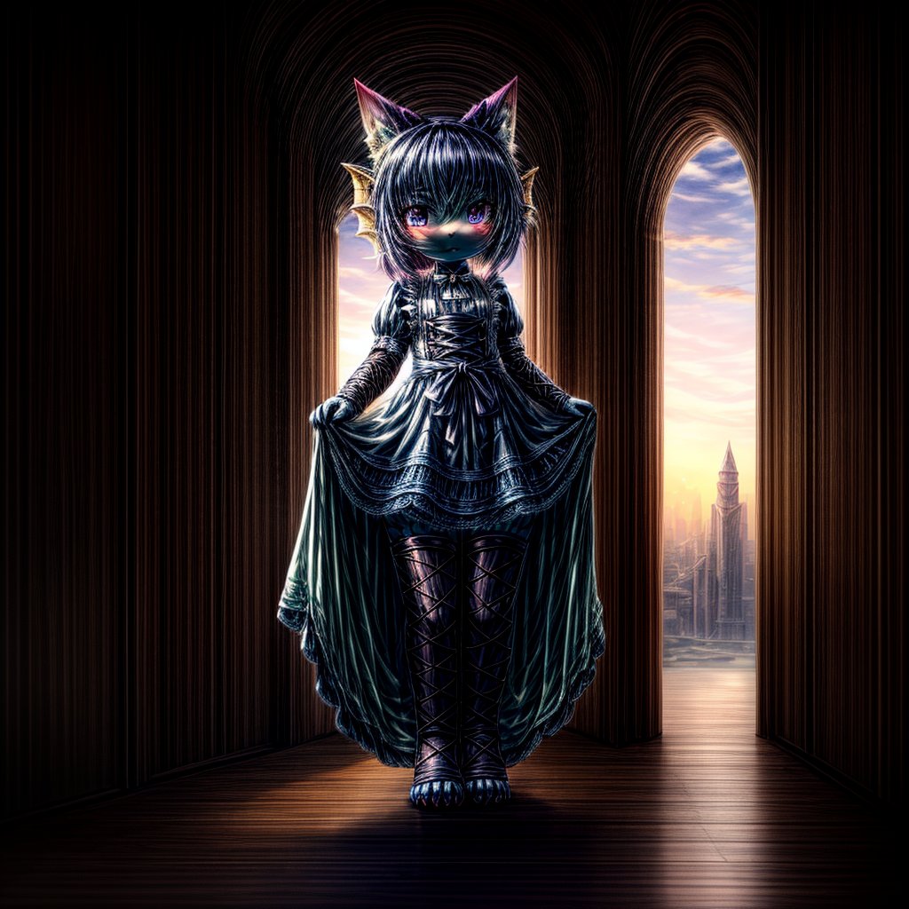 ((((full body)))), A majestic loli dragon neko stands before us. Her dark-scaled skin glistens in the soft, warm light, as if infused with an inner glow. Feline features are prominent - cat ears perked up and a long, fluffy tail extending from her posterior. A Lolita dress of mixed red, pink, and black patterns wraps around her slender form, creating a striking contrast against her dark scales. The overall composition is framed by a subtle gradient of blues and purples in the background, subtly evoking a sense of mystique and wonder.,green reptile hands,Monster girl,Dragon girl