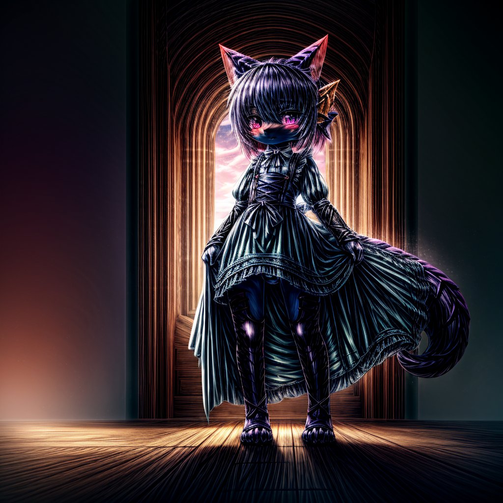 ((((full body)))), A majestic loli dragon neko stands before us. Her dark-scaled skin glistens in the soft, warm light, as if infused with an inner glow. Feline features are prominent - cat ears perked up and a long, fluffy tail extending from her posterior. A Lolita dress of mixed red, pink, and black patterns wraps around her slender form, creating a striking contrast against her dark scales. The overall composition is framed by a subtle gradient of blues and purples in the background, subtly evoking a sense of mystique and wonder.,green reptile hands,Monster girl,Dragon girl