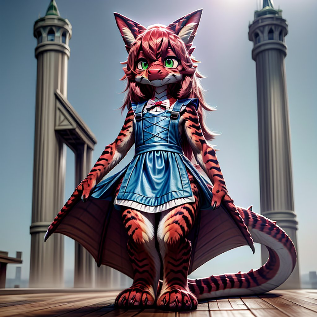 ((((full body)))), A majestic loli dragon neko stands before us. Her dark-scaled skin glistens in the soft, warm light, as if infused with an inner glow. Feline features are prominent - cat ears perked up and a long, fluffy tail extending from her posterior. A Lolita dress of mixed red, pink, and black patterns wraps around her slender form, creating a striking contrast against her dark scales. The overall composition is framed by a subtle gradient of blues and purples in the background, subtly evoking a sense of mystique and wonder.,green reptile hands,Monster girl,Dragon girl,furry,furry female,body fur,animal ear fluff,animal ears,fang