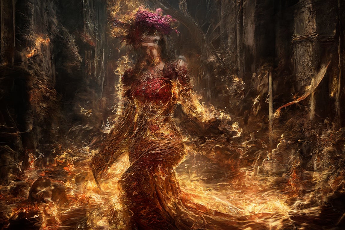 **The Flame's Embrace:** Imagine a gothic-inspired ritual where a girl composed of flames performs a dance in an old, gothic chapel. Her fiery dress and intricate, dark patterns create an enchanting contrast against the dim, candlelit surroundings.,Details,Skin texture,Details,Skin texture,Details,Skin texture,Details,Skin texture,Details,Skin texture,Details,Skin texture 