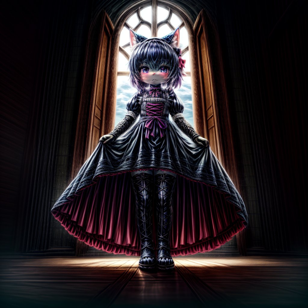 ((((full body)))), A majestic loli dragon neko stands before us. Her dark-scaled skin glistens in the soft, warm light, as if infused with an inner glow. Feline features are prominent - cat ears perked up and a long, fluffy tail extending from her posterior. A Lolita dress of mixed red, pink, and black patterns wraps around her slender form, creating a striking contrast against her dark scales. The overall composition is framed by a subtle gradient of blues and purples in the background, subtly evoking a sense of mystique and wonder.,green reptile hands,Monster girl,Dragon girl