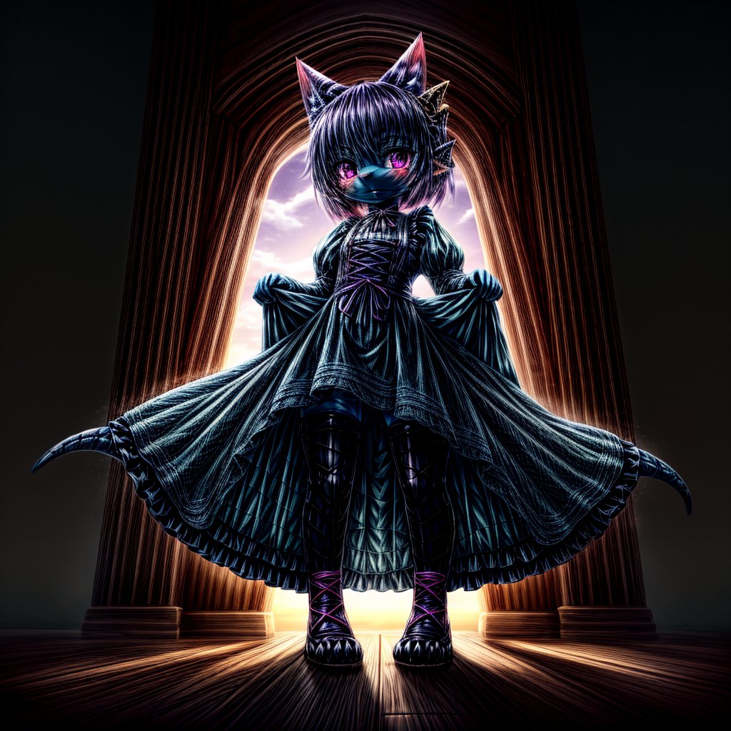 ((((full body)))), A majestic loli dragon neko stands before us. Her dark-scaled skin glistens in the soft, warm light, as if infused with an inner glow. Feline features are prominent - cat ears perked up and a long, fluffy tail extending from her posterior. A Lolita dress of mixed red, pink, and black patterns wraps around her slender form, creating a striking contrast against her dark scales. The overall composition is framed by a subtle gradient of blues and purples in the background, subtly evoking a sense of mystique and wonder.,green reptile hands,Monster girl,Dragon girl