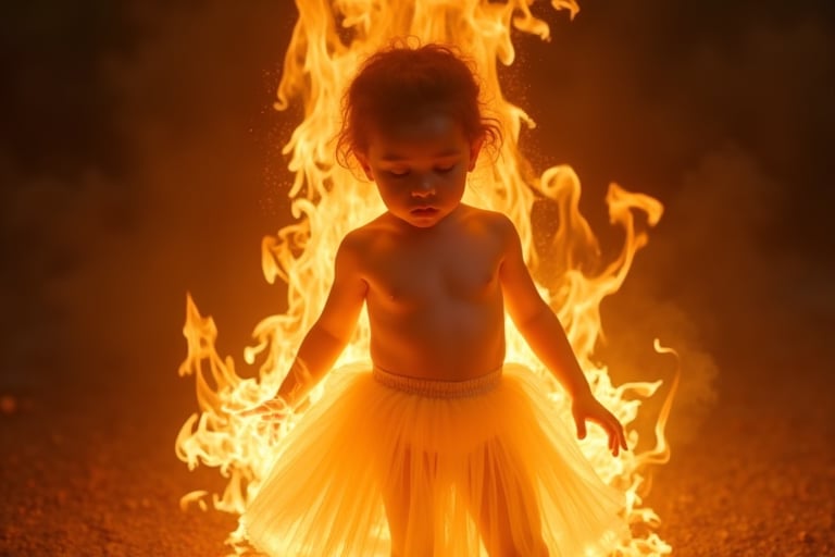 A fiery inferno engulfs the frame as a mesmerizing little girl's body is sculpted from blazing flames. Her porcelain-like skin glows with an ethereal warmth, as if kissed by the divine. Golden hues dance across her features, casting a radiant glow on the darkened surroundings. Full-body shot captures the fluid, fiery form, with tendrils of flame curling around her tiny hands and toes.