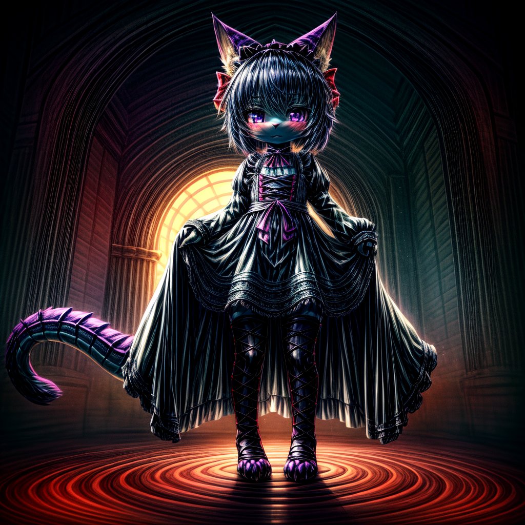 ((((full body)))), A majestic loli dragon neko stands before us. Her dark-scaled skin glistens in the soft, warm light, as if infused with an inner glow. Feline features are prominent - cat ears perked up and a long, fluffy tail extending from her posterior. A Lolita dress of mixed red, pink, and black patterns wraps around her slender form, creating a striking contrast against her dark scales. The overall composition is framed by a subtle gradient of blues and purples in the background, subtly evoking a sense of mystique and wonder.,green reptile hands,Monster girl,Dragon girl