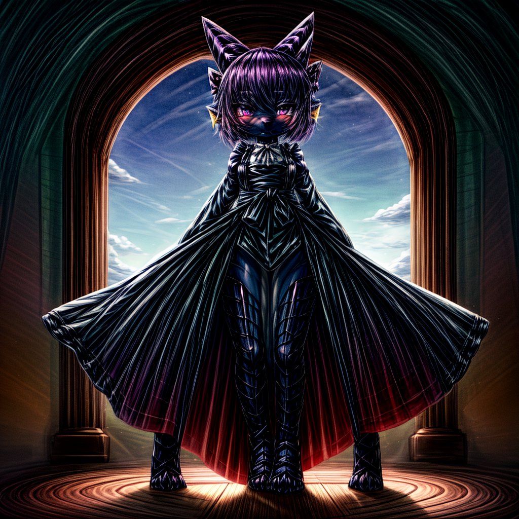 ((((full body)))), A majestic loli dragon neko stands before us. Her dark-scaled skin glistens in the soft, warm light, as if infused with an inner glow. Feline features are prominent - cat ears perked up and a long, fluffy tail extending from her posterior. A Lolita dress of mixed red, pink, and black patterns wraps around her slender form, creating a striking contrast against her dark scales. The overall composition is framed by a subtle gradient of blues and purples in the background, subtly evoking a sense of mystique and wonder.,green reptile hands,Monster girl,Dragon girl