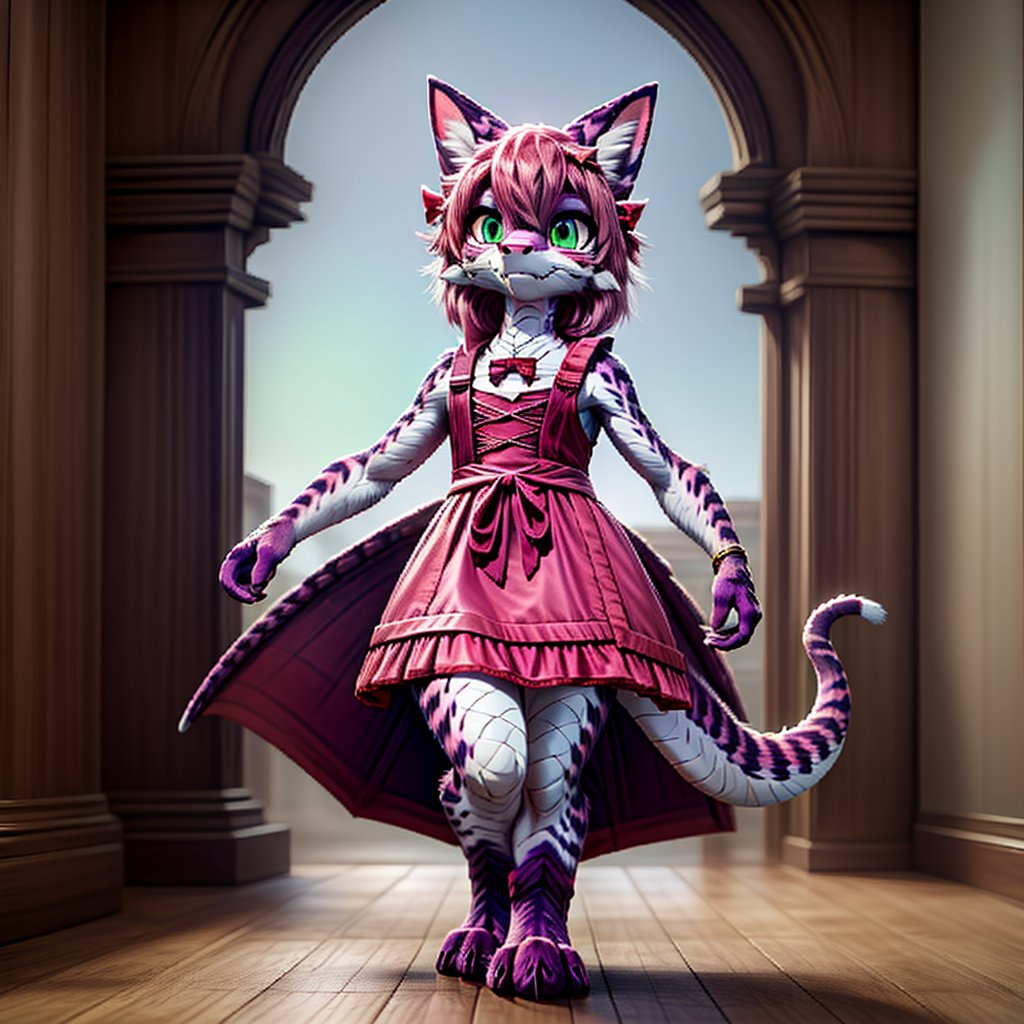 ((((full body)))), A majestic loli dragon neko stands before us. Her dark-scaled skin glistens in the soft, warm light, as if infused with an inner glow. Feline features are prominent - cat ears perked up and a long, fluffy tail extending from her posterior. A Lolita dress of mixed red, pink, and black patterns wraps around her slender form, creating a striking contrast against her dark scales. The overall composition is framed by a subtle gradient of blues and purples in the background, subtly evoking a sense of mystique and wonder.,green reptile hands,Monster girl,Dragon girl,furry,furry female,body fur,animal ear fluff,animal ears,fang