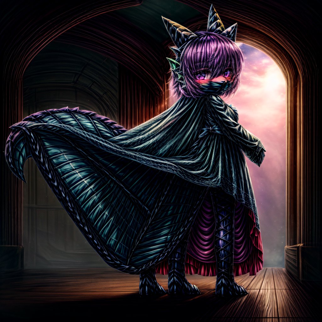 ((((full body)))), A majestic loli dragon neko stands before us. Her dark-scaled skin glistens in the soft, warm light, as if infused with an inner glow. Feline features are prominent - cat ears perked up and a long, fluffy tail extending from her posterior. A Lolita dress of mixed red, pink, and black patterns wraps around her slender form, creating a striking contrast against her dark scales. The overall composition is framed by a subtle gradient of blues and purples in the background, subtly evoking a sense of mystique and wonder.,green reptile hands,Monster girl,Dragon girl