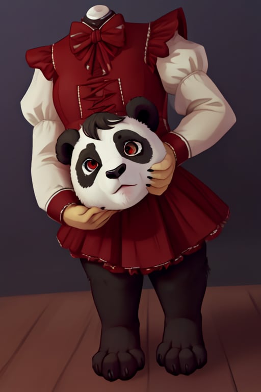 ((Full body)),panda girl,lolita fashion,red eyes,DisembodiedHead,holding head,headless,paws,Detailedface