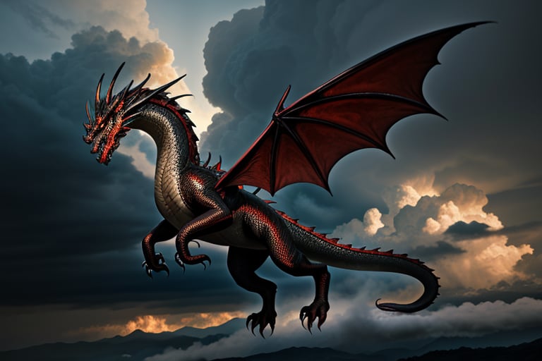 A majestic snake-like dragon with sharp claws soars through a turbulent sky, her metallic red and black scales shimmering as she weaves between the clouds.