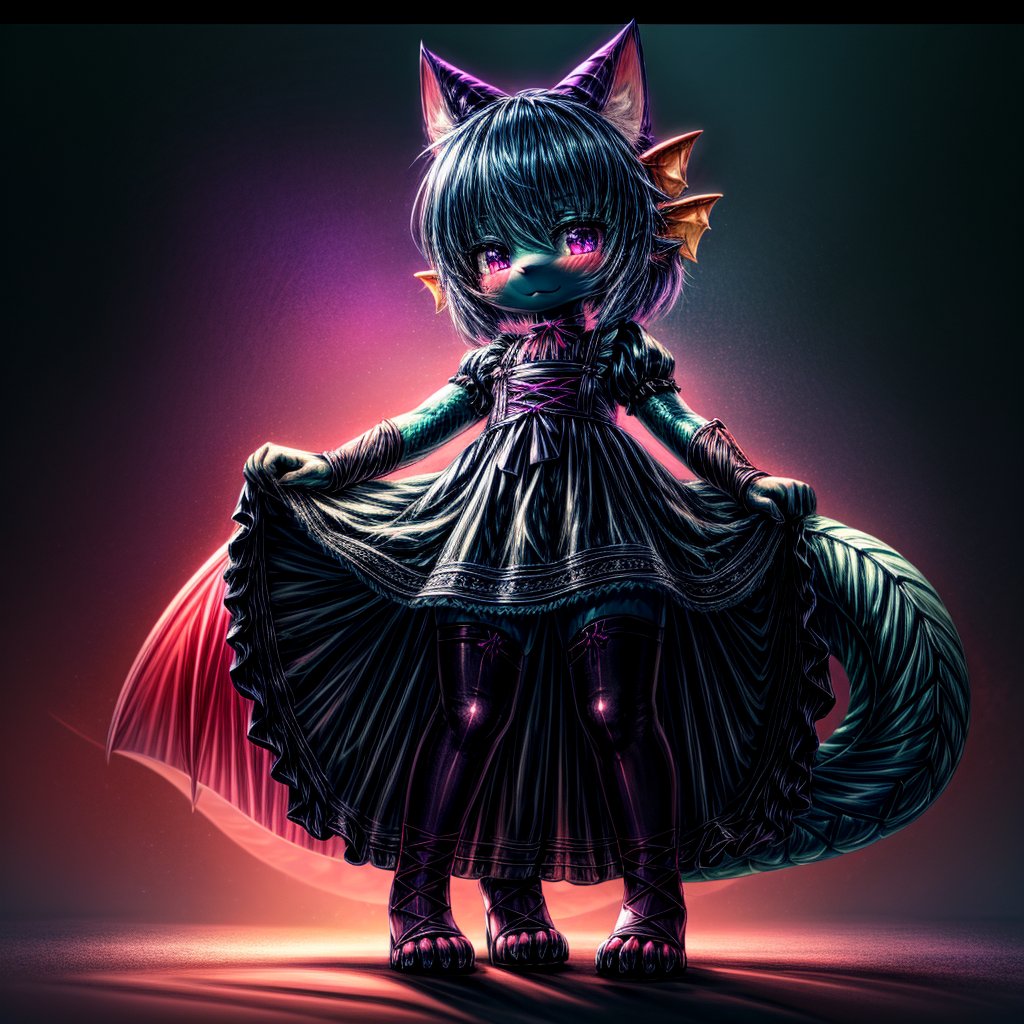 ((((full body)))), A majestic loli dragon neko stands before us. Her dark-scaled skin glistens in the soft, warm light, as if infused with an inner glow. Feline features are prominent - cat ears perked up and a long, fluffy tail extending from her posterior. A Lolita dress of mixed red, pink, and black patterns wraps around her slender form, creating a striking contrast against her dark scales. The overall composition is framed by a subtle gradient of blues and purples in the background, subtly evoking a sense of mystique and wonder.,green reptile hands,Monster girl,Dragon girl