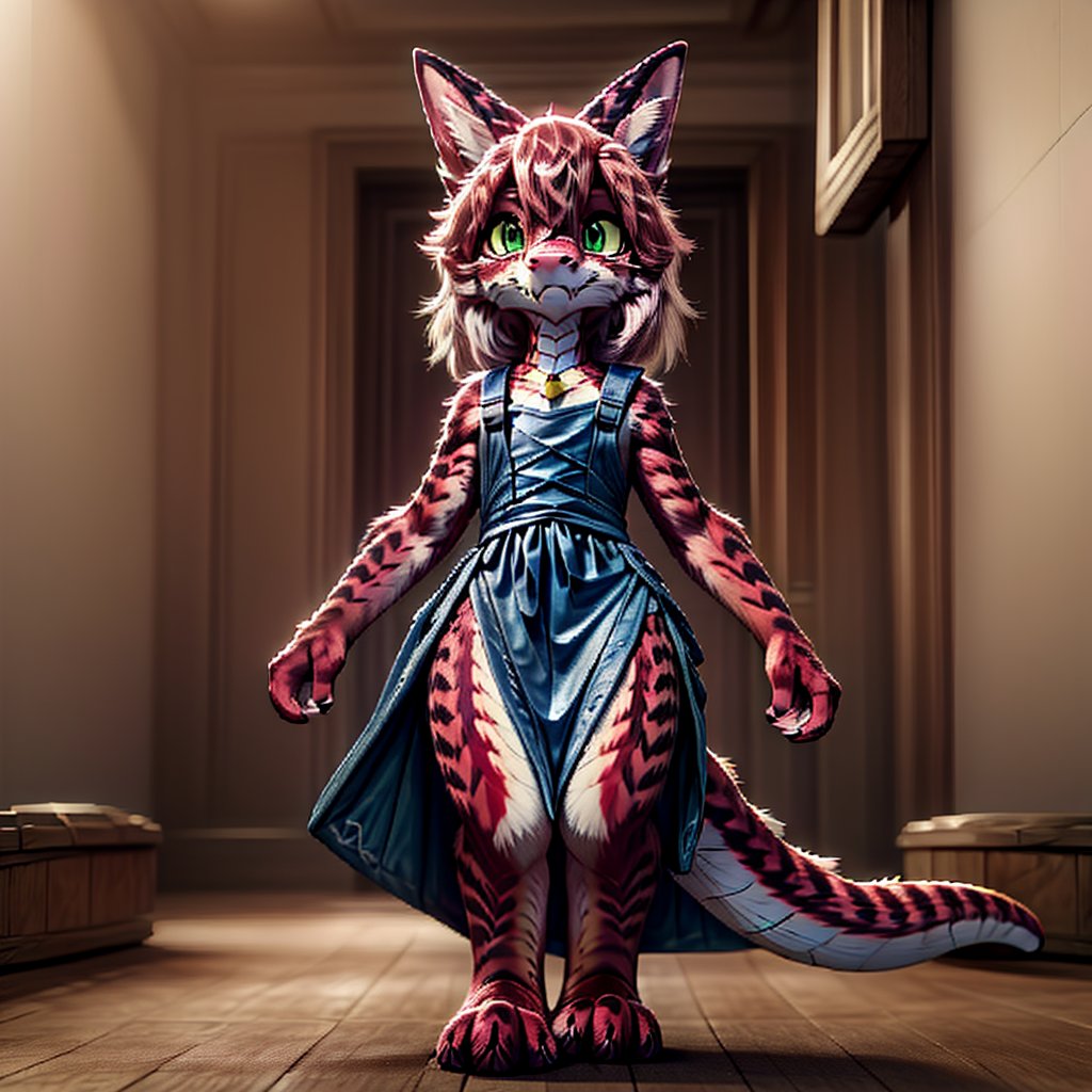 ((((full body)))), A majestic loli dragon neko stands before us. Her dark-scaled skin glistens in the soft, warm light, as if infused with an inner glow. Feline features are prominent - cat ears perked up and a long, fluffy tail extending from her posterior. A Lolita dress of mixed red, pink, and black patterns wraps around her slender form, creating a striking contrast against her dark scales. The overall composition is framed by a subtle gradient of blues and purples in the background, subtly evoking a sense of mystique and wonder.,green reptile hands,Monster girl,Dragon girl,furry,furry female,body fur,animal ear fluff,animal ears,fang