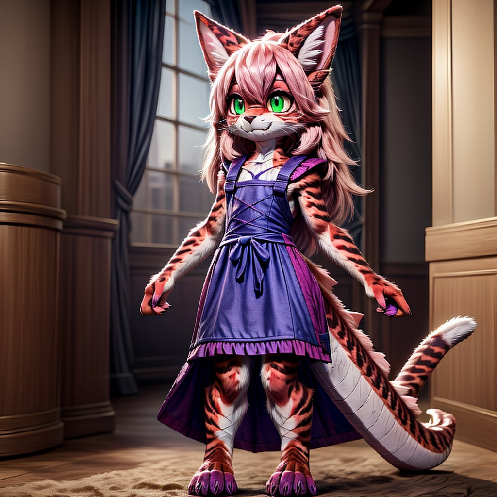 ((((full body)))), A majestic loli dragon neko stands before us. Her dark-scaled skin glistens in the soft, warm light, as if infused with an inner glow. Feline features are prominent - cat ears perked up and a long, fluffy tail extending from her posterior. A Lolita dress of mixed red, pink, and black patterns wraps around her slender form, creating a striking contrast against her dark scales. The overall composition is framed by a subtle gradient of blues and purples in the background, subtly evoking a sense of mystique and wonder.,green reptile hands,Monster girl,Dragon girl,furry,furry female,body fur,animal ear fluff,animal ears,fang