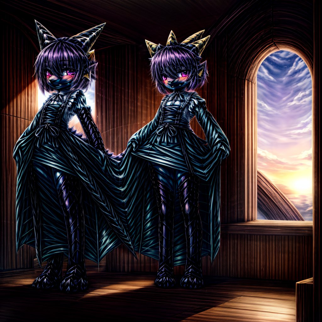 ((((full body)))), A majestic loli dragon neko stands before us. Her dark-scaled skin glistens in the soft, warm light, as if infused with an inner glow. Feline features are prominent - cat ears perked up and a long, fluffy tail extending from her posterior. A Lolita dress of mixed red, pink, and black patterns wraps around her slender form, creating a striking contrast against her dark scales. The overall composition is framed by a subtle gradient of blues and purples in the background, subtly evoking a sense of mystique and wonder.,green reptile hands,Monster girl,Dragon girl