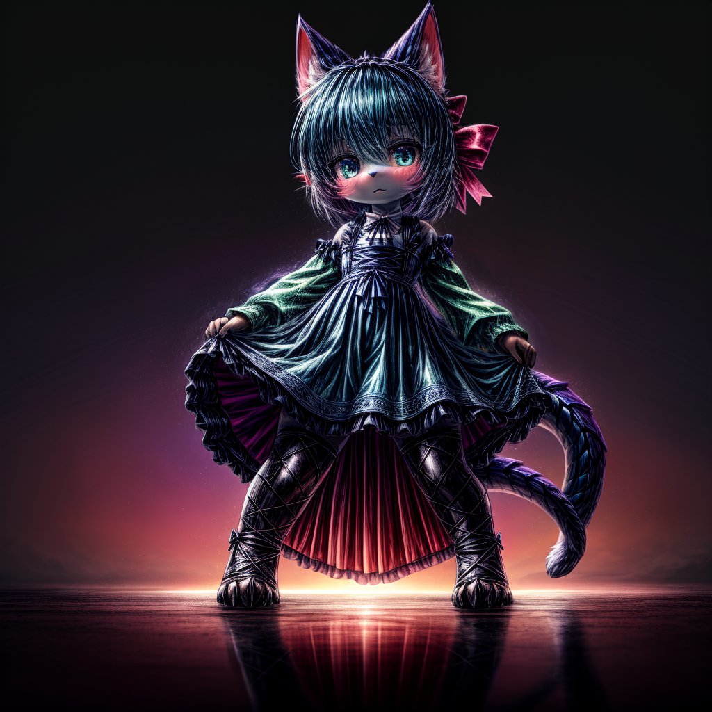 ((((full body)))), A majestic loli dragon neko stands before us. Her dark-scaled skin glistens in the soft, warm light, as if infused with an inner glow. Feline features are prominent - cat ears perked up and a long, fluffy tail extending from her posterior. A Lolita dress of mixed red, pink, and black patterns wraps around her slender form, creating a striking contrast against her dark scales. The overall composition is framed by a subtle gradient of blues and purples in the background, subtly evoking a sense of mystique and wonder.,green reptile hands,Monster girl,Dragon girl