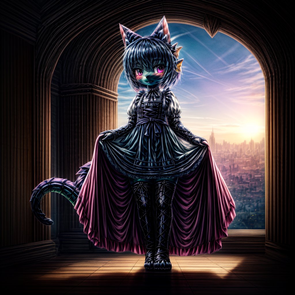 ((((full body)))), A majestic loli dragon neko stands before us. Her dark-scaled skin glistens in the soft, warm light, as if infused with an inner glow. Feline features are prominent - cat ears perked up and a long, fluffy tail extending from her posterior. A Lolita dress of mixed red, pink, and black patterns wraps around her slender form, creating a striking contrast against her dark scales. The overall composition is framed by a subtle gradient of blues and purples in the background, subtly evoking a sense of mystique and wonder.,green reptile hands,Monster girl,Dragon girl