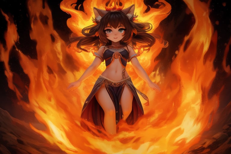 A fiery inferno engulfs the frame as a mesmerizing little girl's body is sculpted from blazing flames. Her porcelain-like skin glows with an ethereal warmth, as if kissed by the divine. Golden hues dance across her features, casting a radiant glow on the darkened surroundings. Full-body shot captures the fluid, fiery form, with tendrils of flame curling around her tiny hands and toes.