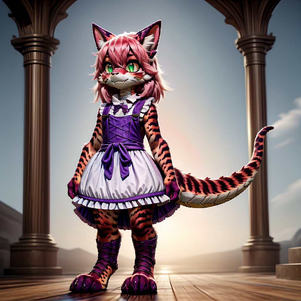 ((((full body)))), A majestic loli dragon neko stands before us. Her dark-scaled skin glistens in the soft, warm light, as if infused with an inner glow. Feline features are prominent - cat ears perked up and a long, fluffy tail extending from her posterior. A Lolita dress of mixed red, pink, and black patterns wraps around her slender form, creating a striking contrast against her dark scales. The overall composition is framed by a subtle gradient of blues and purples in the background, subtly evoking a sense of mystique and wonder.,green reptile hands,Monster girl,Dragon girl,furry,furry female,body fur,animal ear fluff,animal ears,fang