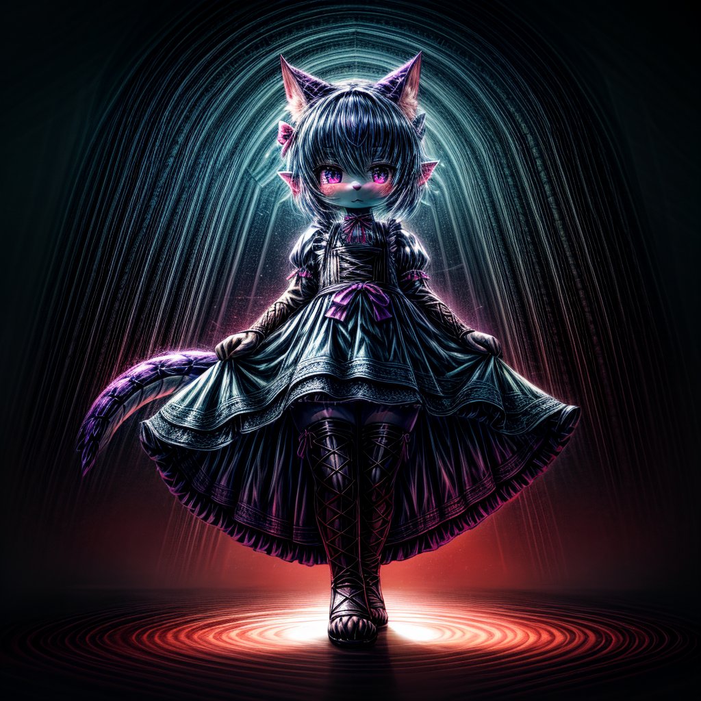 ((((full body)))), A majestic loli dragon neko stands before us. Her dark-scaled skin glistens in the soft, warm light, as if infused with an inner glow. Feline features are prominent - cat ears perked up and a long, fluffy tail extending from her posterior. A Lolita dress of mixed red, pink, and black patterns wraps around her slender form, creating a striking contrast against her dark scales. The overall composition is framed by a subtle gradient of blues and purples in the background, subtly evoking a sense of mystique and wonder.,green reptile hands,Monster girl,Dragon girl