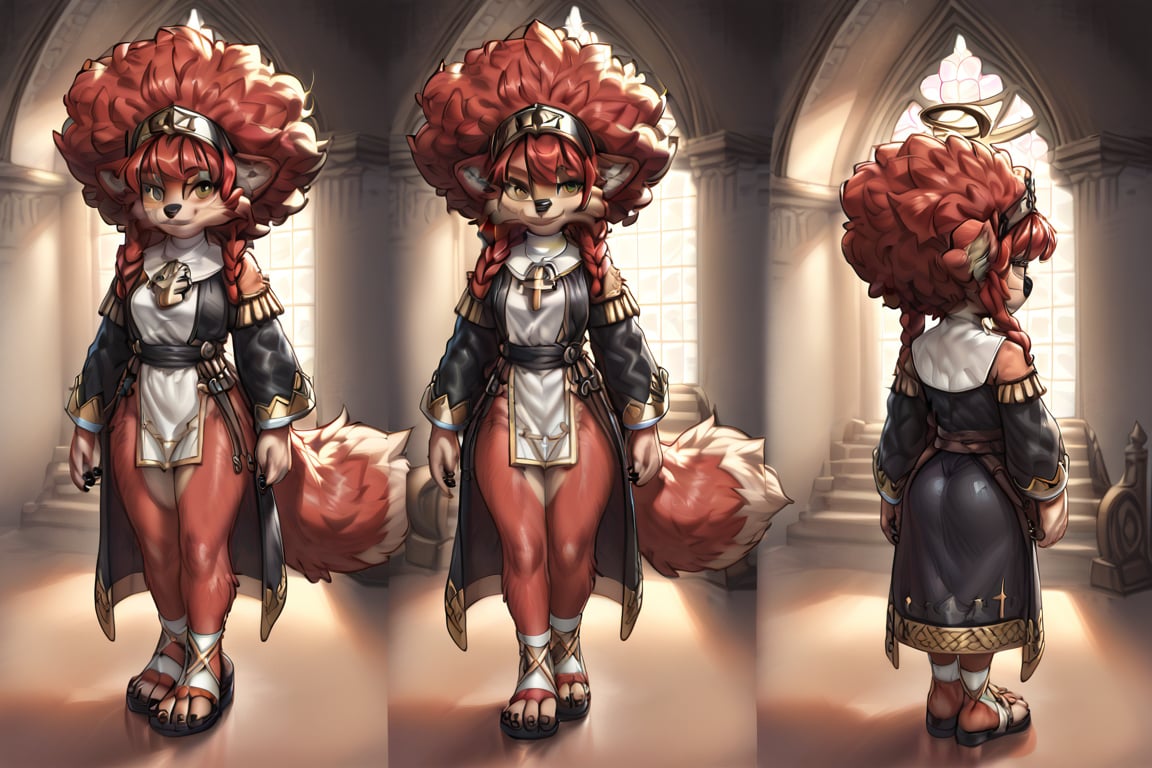 A young girl, sporting a vibrant afro and bright red locks, poses confidently with a bold smile. Her reddish-black fur and cat-like ears add a whimsical touch to her overall appearance. A habit adorns her waist, while black fingernails and toenails complete her striking look. She stands in front of a church backdrop, fully framed from head to toe, bathed in warm golden lighting that accentuates the rich colors of her fur and skin.,score_9,ssource_furry,furry,anthro,detailed fur,body fur,tuft,fluffy