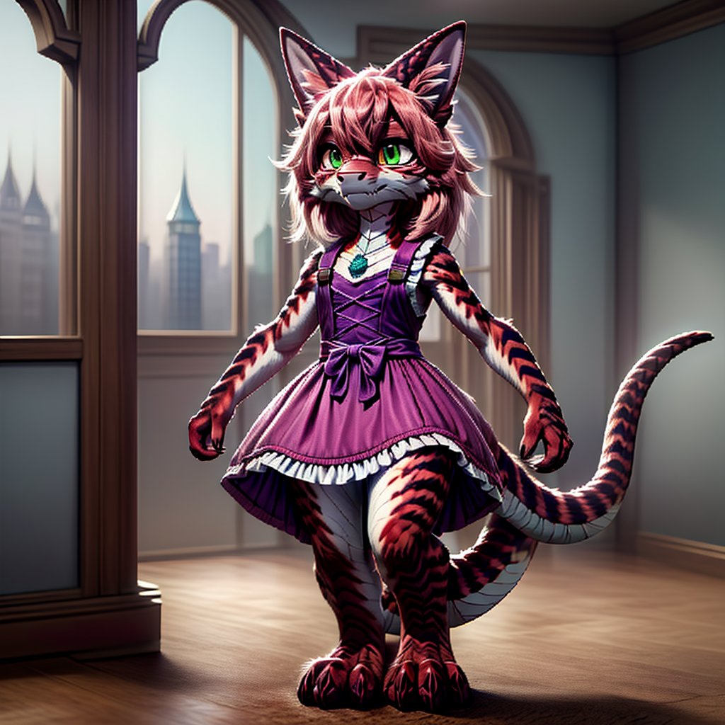 ((((full body)))), A majestic loli dragon neko stands before us. Her dark-scaled skin glistens in the soft, warm light, as if infused with an inner glow. Feline features are prominent - cat ears perked up and a long, fluffy tail extending from her posterior. A Lolita dress of mixed red, pink, and black patterns wraps around her slender form, creating a striking contrast against her dark scales. The overall composition is framed by a subtle gradient of blues and purples in the background, subtly evoking a sense of mystique and wonder.,green reptile hands,Monster girl,Dragon girl,furry,furry female,body fur,animal ear fluff,animal ears,fang