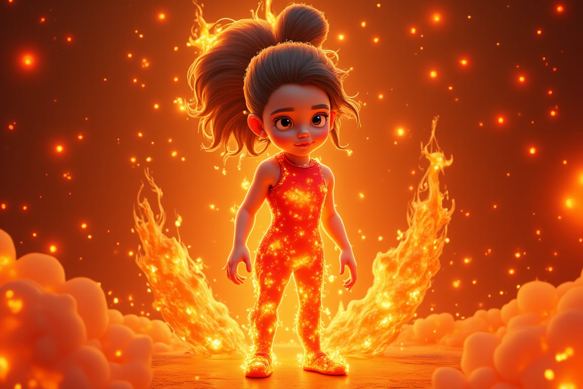 A fiery inferno engulfs the frame as a mesmerizing little girl's body is sculpted from blazing flames. Her porcelain-like skin glows with an ethereal warmth, as if kissed by the divine. Golden hues dance across her features, casting a radiant glow on the darkened surroundings. Full-body shot captures the fluid, fiery form, with tendrils of flame curling around her tiny hands and toes.,cartoon art