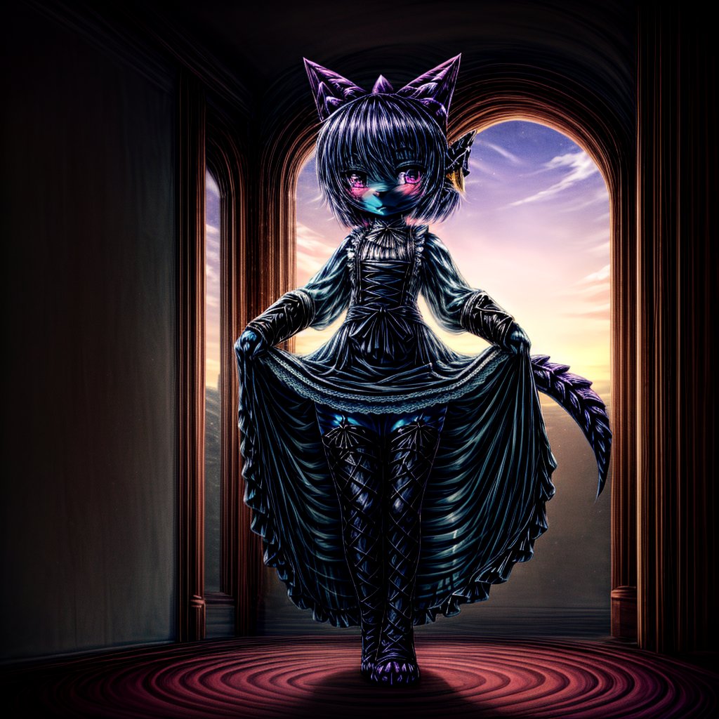 ((((full body)))), A majestic loli dragon neko stands before us. Her dark-scaled skin glistens in the soft, warm light, as if infused with an inner glow. Feline features are prominent - cat ears perked up and a long, fluffy tail extending from her posterior. A Lolita dress of mixed red, pink, and black patterns wraps around her slender form, creating a striking contrast against her dark scales. The overall composition is framed by a subtle gradient of blues and purples in the background, subtly evoking a sense of mystique and wonder.,green reptile hands,Monster girl,Dragon girl