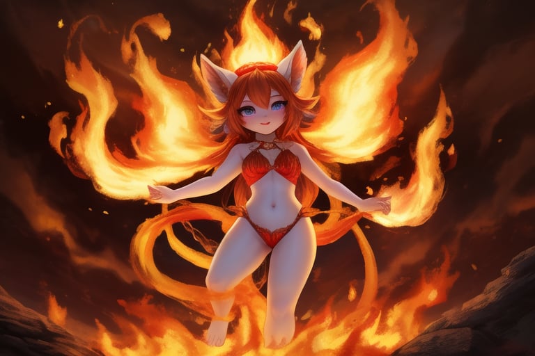 A fiery inferno engulfs the frame as a mesmerizing little girl's body is sculpted from blazing flames. Her porcelain-like skin glows with an ethereal warmth, as if kissed by the divine. Golden hues dance across her features, casting a radiant glow on the darkened surroundings. Full-body shot captures the fluid, fiery form, with tendrils of flame curling around her tiny hands and toes.