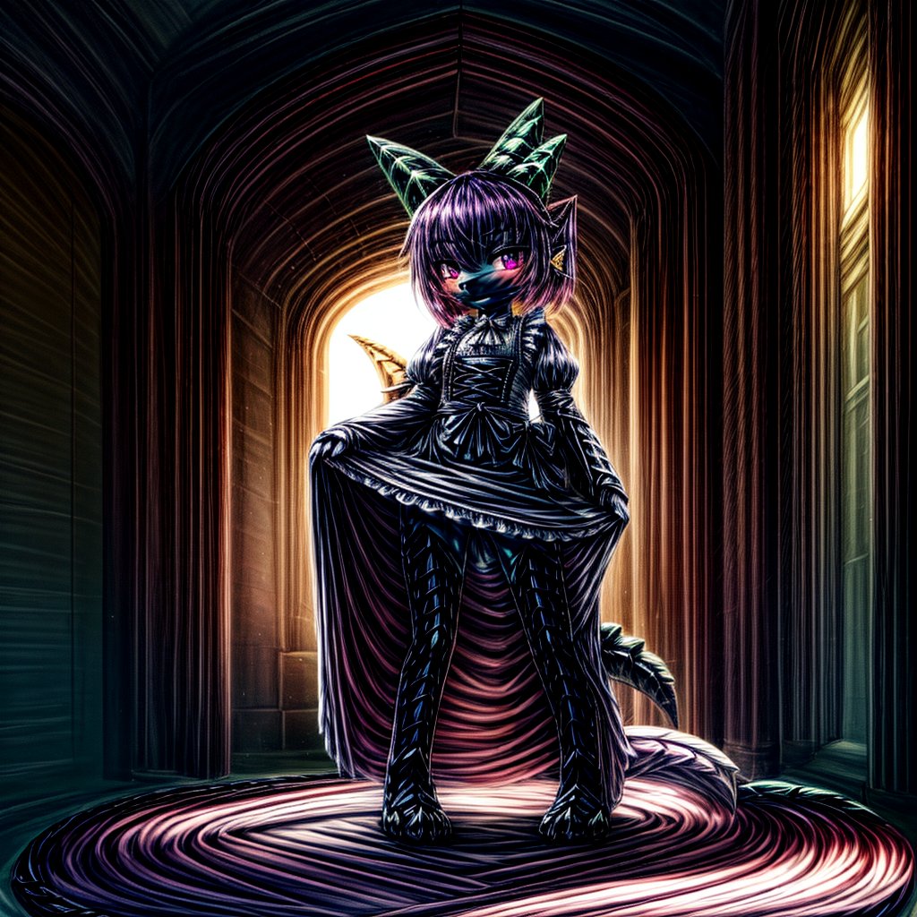 ((((full body)))), A majestic loli dragon neko stands before us. Her dark-scaled skin glistens in the soft, warm light, as if infused with an inner glow. Feline features are prominent - cat ears perked up and a long, fluffy tail extending from her posterior. A Lolita dress of mixed red, pink, and black patterns wraps around her slender form, creating a striking contrast against her dark scales. The overall composition is framed by a subtle gradient of blues and purples in the background, subtly evoking a sense of mystique and wonder.,green reptile hands,Monster girl,Dragon girl