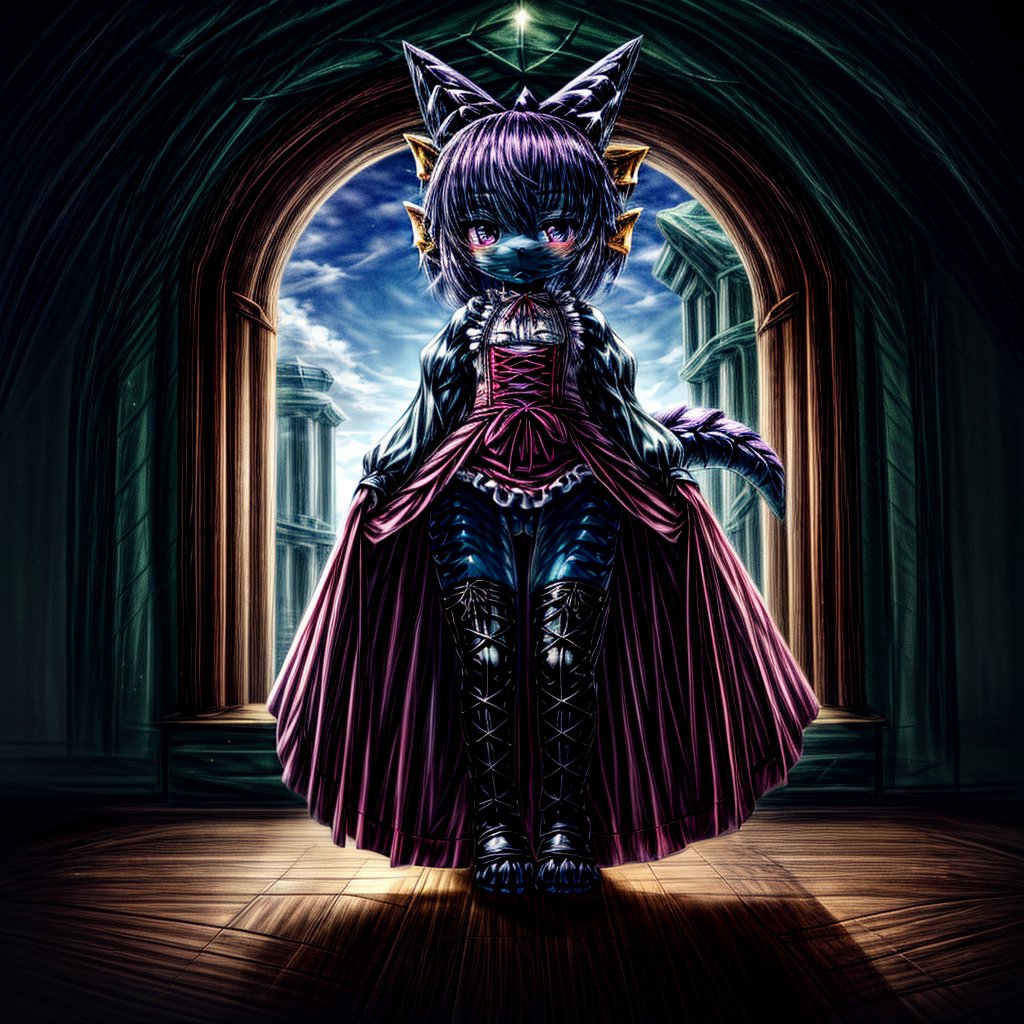 ((((full body)))), A majestic loli dragon neko stands before us. Her dark-scaled skin glistens in the soft, warm light, as if infused with an inner glow. Feline features are prominent - cat ears perked up and a long, fluffy tail extending from her posterior. A Lolita dress of mixed red, pink, and black patterns wraps around her slender form, creating a striking contrast against her dark scales. The overall composition is framed by a subtle gradient of blues and purples in the background, subtly evoking a sense of mystique and wonder.,green reptile hands,Monster girl,Dragon girl