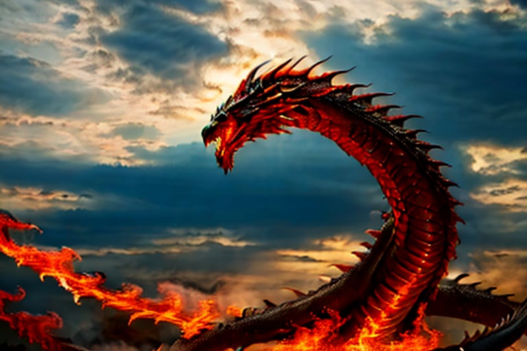 A majestic snake-like dragon with sharp claws soars through a turbulent sky, her metallic red and black scales shimmering as she weaves between the clouds. The camera zooms in on her scales as she banks to the left, revealing the textured patterns of her body. Clouds swirl around her like wisps of smoke, illuminated by warm sunlight casting long shadows across her form.