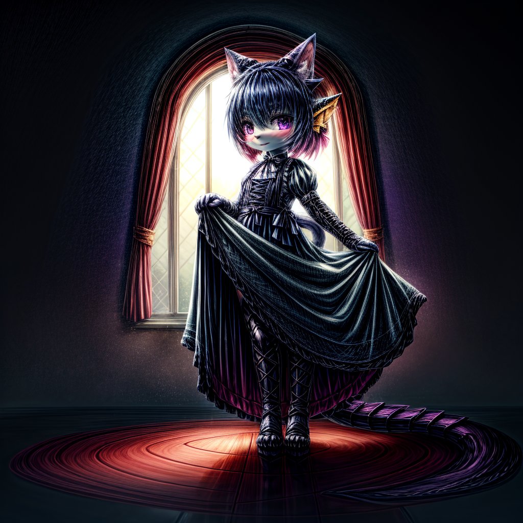 ((((full body)))), A majestic loli dragon neko stands before us. Her dark-scaled skin glistens in the soft, warm light, as if infused with an inner glow. Feline features are prominent - cat ears perked up and a long, fluffy tail extending from her posterior. A Lolita dress of mixed red, pink, and black patterns wraps around her slender form, creating a striking contrast against her dark scales. The overall composition is framed by a subtle gradient of blues and purples in the background, subtly evoking a sense of mystique and wonder.,green reptile hands,Monster girl,Dragon girl