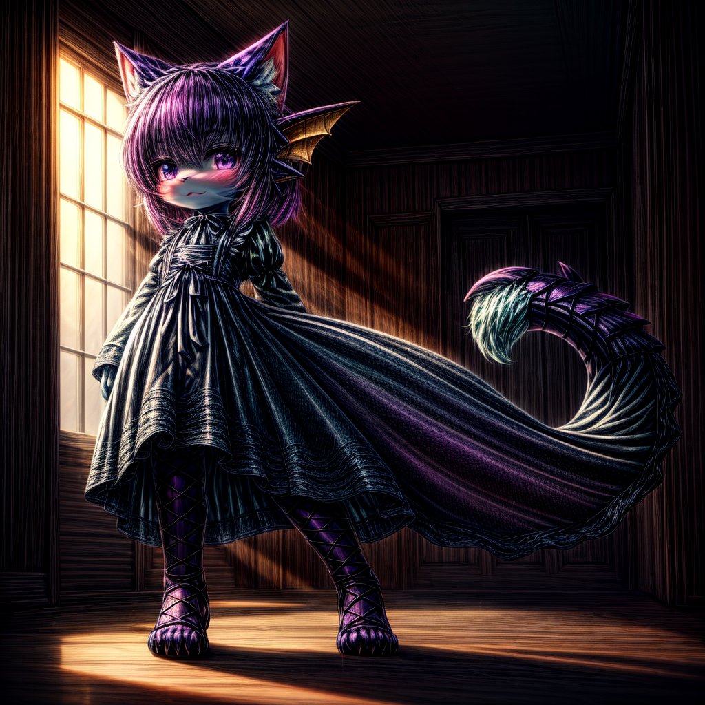 ((((full body)))), A majestic loli dragon neko stands before us. Her dark-scaled skin glistens in the soft, warm light, as if infused with an inner glow. Feline features are prominent - cat ears perked up and a long, fluffy tail extending from her posterior. A Lolita dress of mixed red, pink, and black patterns wraps around her slender form, creating a striking contrast against her dark scales. The overall composition is framed by a subtle gradient of blues and purples in the background, subtly evoking a sense of mystique and wonder.,green reptile hands,Monster girl,Dragon girl