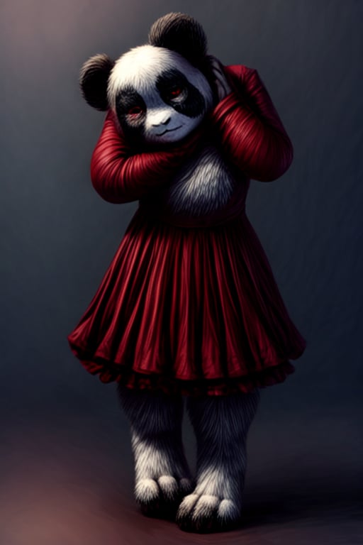 ((Full body)),panda girl,lolita fashion,red eyes,DisembodiedHead,holding head,headless,paws