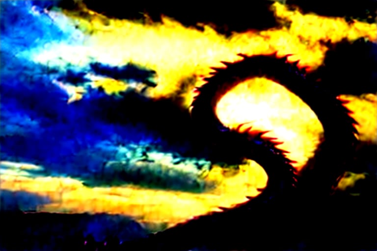 A majestic snake-like dragon with sharp claws soars through a turbulent sky, her metallic red and black scales shimmering as she weaves between the clouds. The camera zooms in on her scales as she banks to the left, revealing the textured patterns of her body. Clouds swirl around her like wisps of smoke, illuminated by warm sunlight casting long shadows across her form.