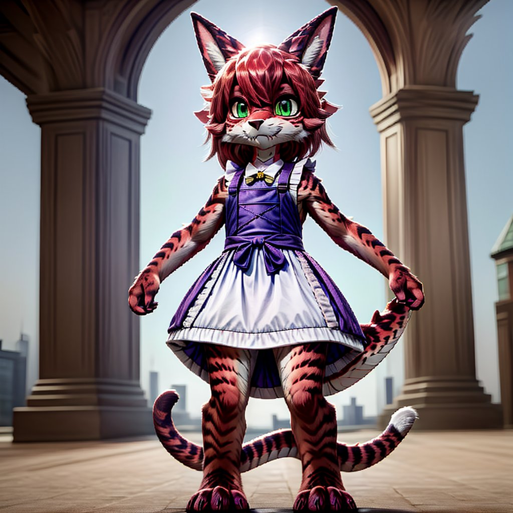 ((((full body)))), A majestic loli dragon neko stands before us. Her dark-scaled skin glistens in the soft, warm light, as if infused with an inner glow. Feline features are prominent - cat ears perked up and a long, fluffy tail extending from her posterior. A Lolita dress of mixed red, pink, and black patterns wraps around her slender form, creating a striking contrast against her dark scales. The overall composition is framed by a subtle gradient of blues and purples in the background, subtly evoking a sense of mystique and wonder.,green reptile hands,Monster girl,Dragon girl,furry,furry female,body fur,animal ear fluff,animal ears,fang