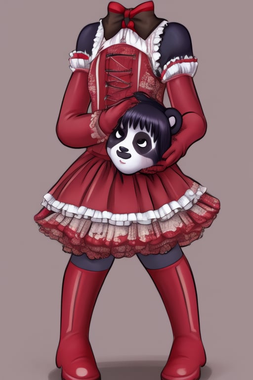 ((Full body)), panda girl, lolita fashion,DisembodiedHead,holding head,headless