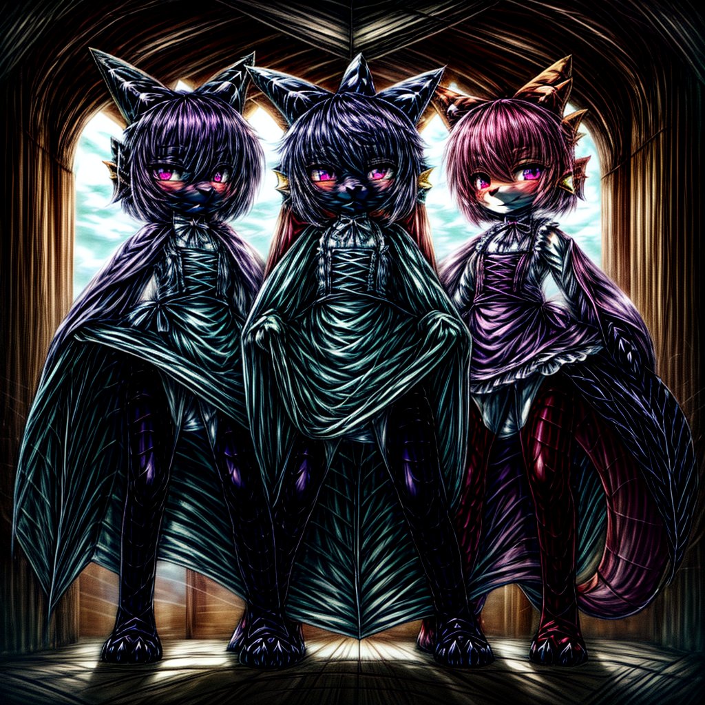 ((((full body)))), A majestic loli dragon neko stands before us. Her dark-scaled skin glistens in the soft, warm light, as if infused with an inner glow. Feline features are prominent - cat ears perked up and a long, fluffy tail extending from her posterior. A Lolita dress of mixed red, pink, and black patterns wraps around her slender form, creating a striking contrast against her dark scales. The overall composition is framed by a subtle gradient of blues and purples in the background, subtly evoking a sense of mystique and wonder.,green reptile hands,Monster girl,Dragon girl