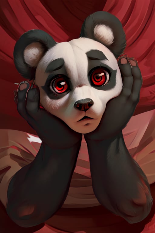 ((Full body)),panda girl,lolita fashion,red eyes,DisembodiedHead,holding head,headless,paws,Detailedface