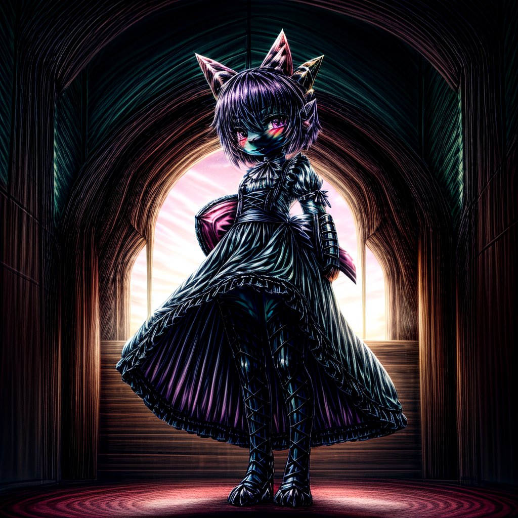 ((((full body)))), A majestic loli dragon neko stands before us. Her dark-scaled skin glistens in the soft, warm light, as if infused with an inner glow. Feline features are prominent - cat ears perked up and a long, fluffy tail extending from her posterior. A Lolita dress of mixed red, pink, and black patterns wraps around her slender form, creating a striking contrast against her dark scales. The overall composition is framed by a subtle gradient of blues and purples in the background, subtly evoking a sense of mystique and wonder.,green reptile hands,Monster girl,Dragon girl