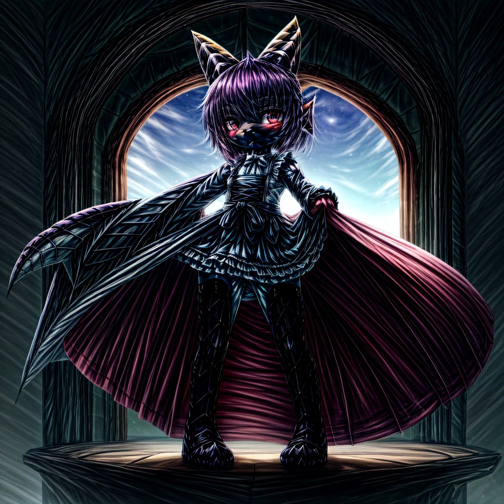 ((((full body)))), A majestic loli dragon neko stands before us. Her dark-scaled skin glistens in the soft, warm light, as if infused with an inner glow. Feline features are prominent - cat ears perked up and a long, fluffy tail extending from her posterior. A Lolita dress of mixed red, pink, and black patterns wraps around her slender form, creating a striking contrast against her dark scales. The overall composition is framed by a subtle gradient of blues and purples in the background, subtly evoking a sense of mystique and wonder.,green reptile hands,Monster girl,Dragon girl